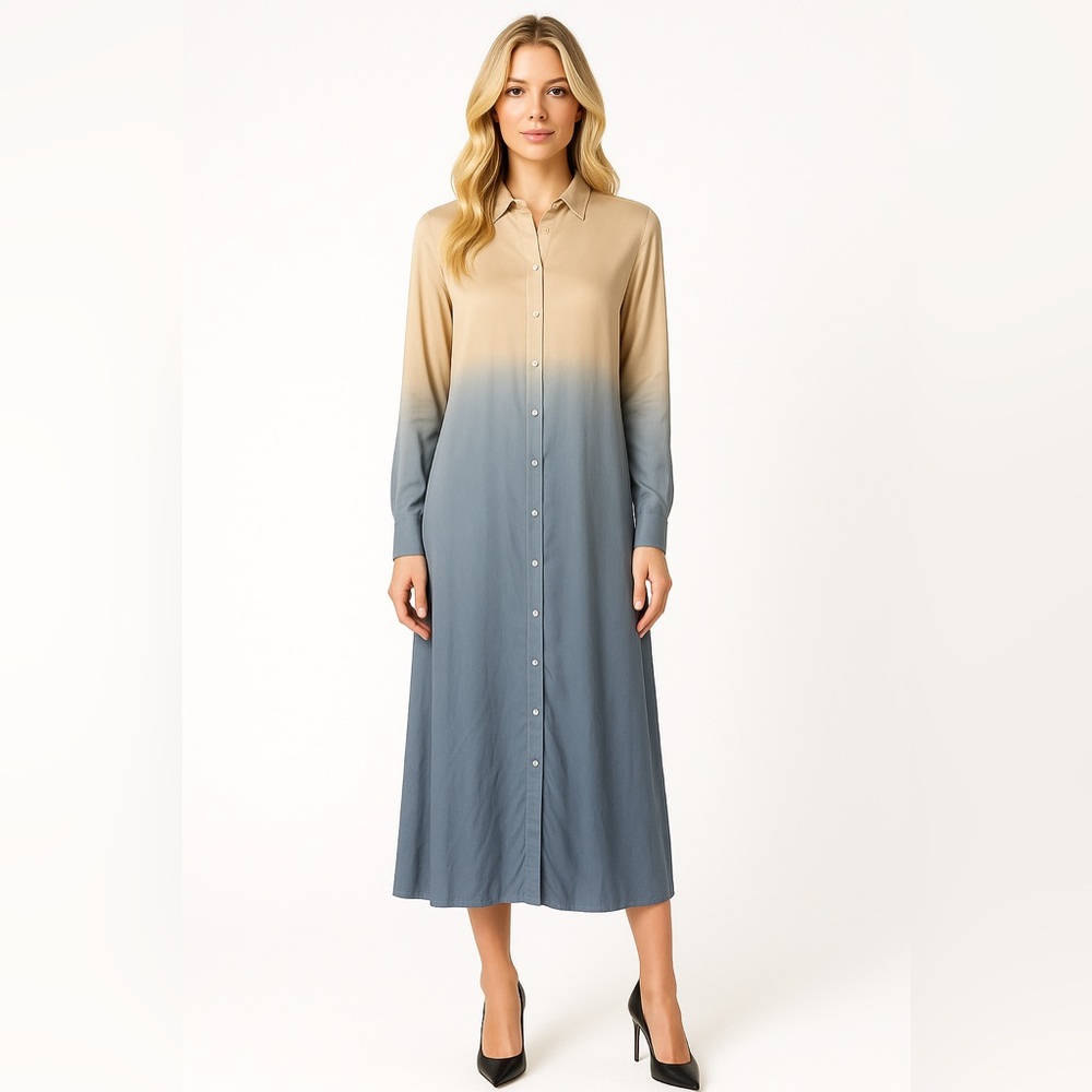Ombre Button-Front Midi Shirt Dress in Beige and Blue